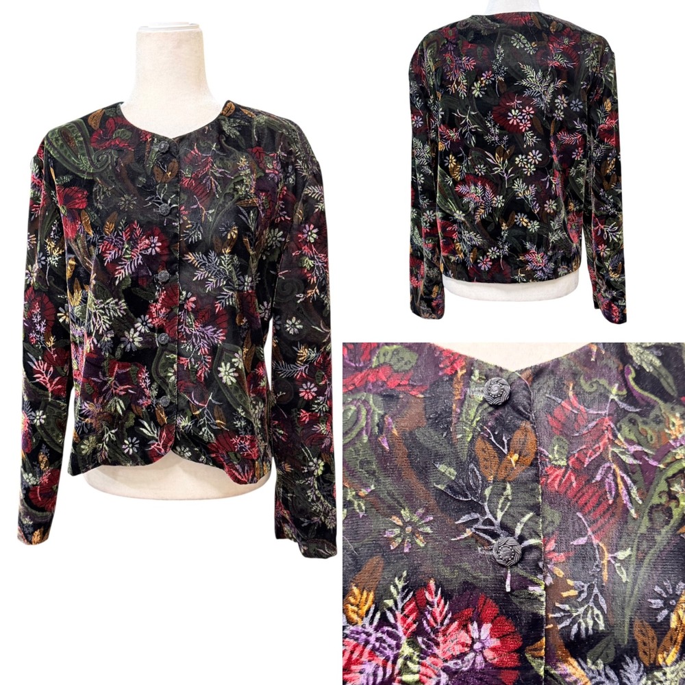 Womens 14 Vintage Floral Burnout Velour Velvet Button Front Paisley Art to Wear